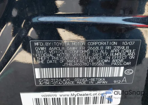 2008 Lexus Es 350 z USA, uszkodzony, nr VIN JTHBJ46G782185583